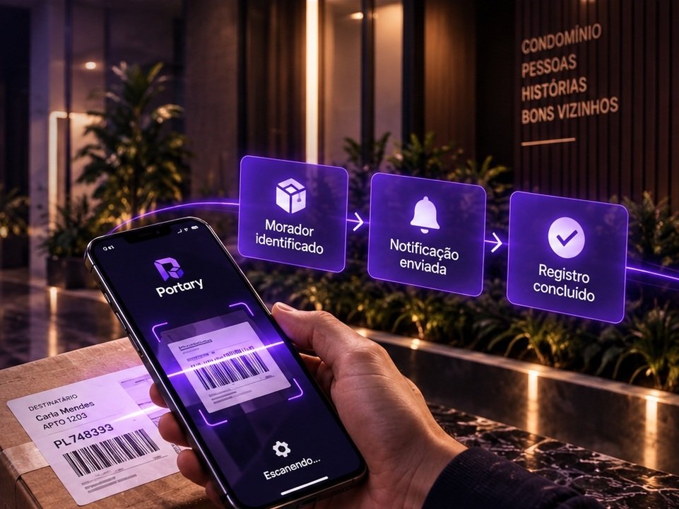 Celular lendo etiqueta de encomenda em uma portaria de condomínio